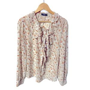 Shein cute long sleeve w/ flouncy ruffled tie neckline & peach floral print # J3